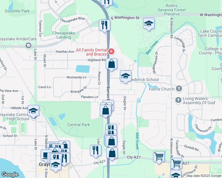 map of restaurants, bars, coffee shops, grocery stores, and more near 634 Dove Court in Grayslake