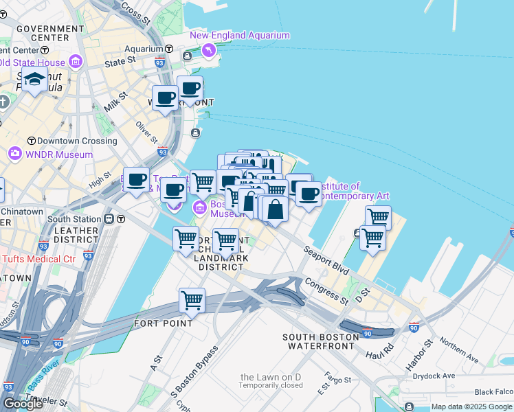 map of restaurants, bars, coffee shops, grocery stores, and more near 25 Northern Avenue in Boston