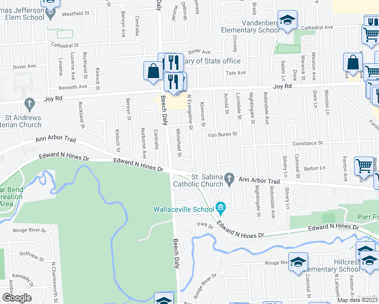 map of restaurants, bars, coffee shops, grocery stores, and more near 8339 North Evangeline Street in Dearborn Heights