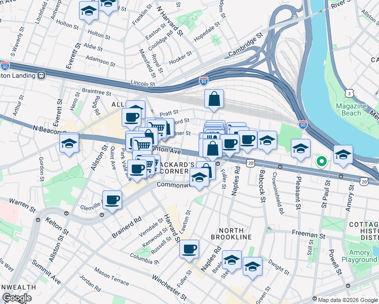 map of restaurants, bars, coffee shops, grocery stores, and more near 39 Brighton Avenue in Boston