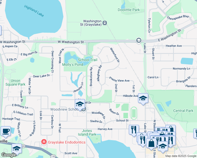 map of restaurants, bars, coffee shops, grocery stores, and more near 751 Alleghany Road in Grayslake