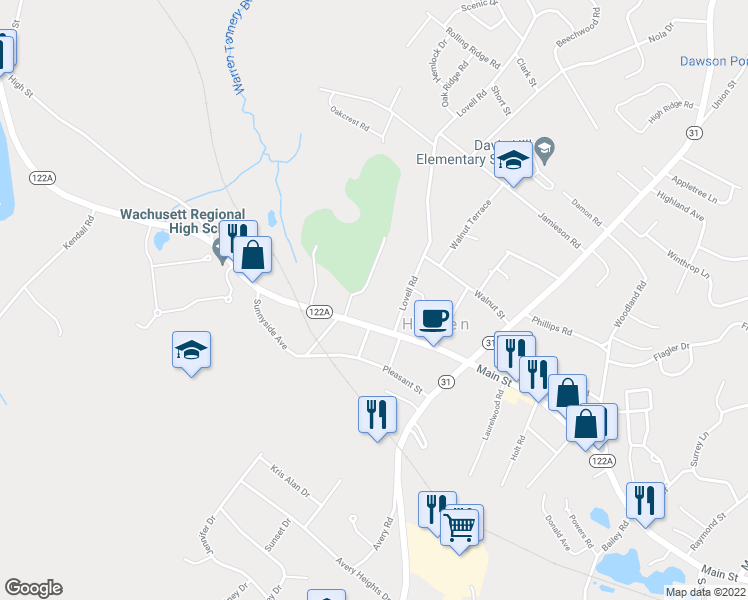 map of restaurants, bars, coffee shops, grocery stores, and more near 1274 Main Street in Holden