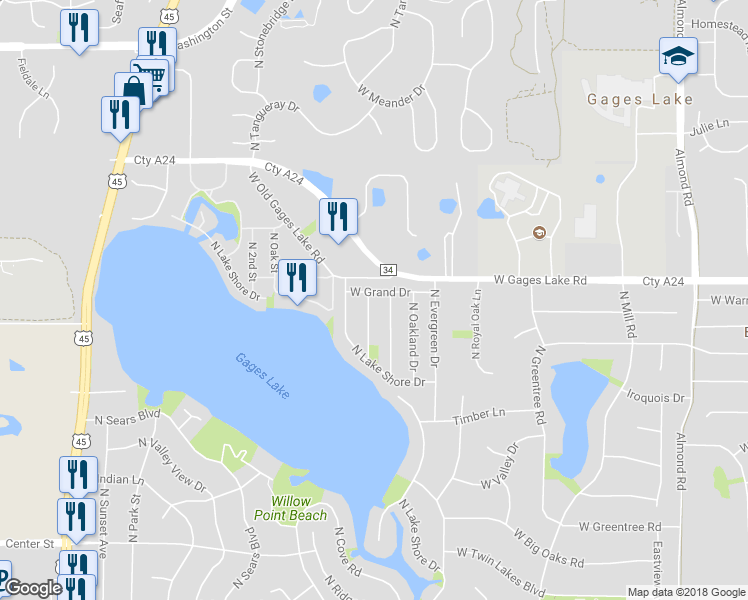 map of restaurants, bars, coffee shops, grocery stores, and more near 33707 North Forest Drive in Grayslake