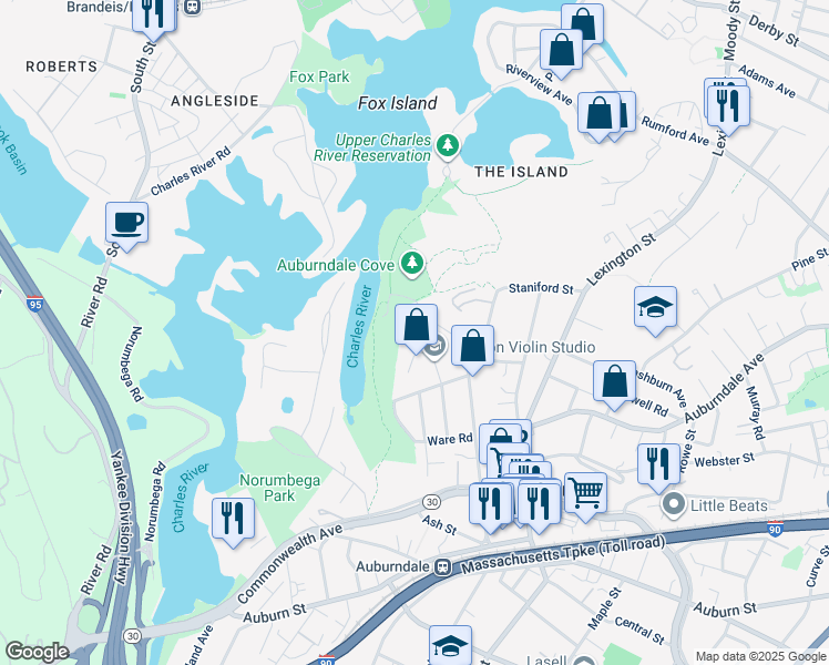 map of restaurants, bars, coffee shops, grocery stores, and more near 20 Edgewater Park in Newton