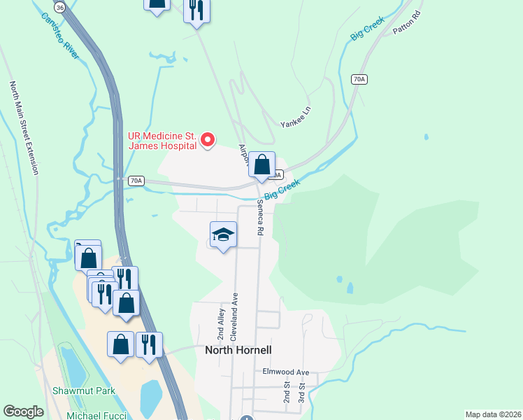 map of restaurants, bars, coffee shops, grocery stores, and more near 475 Seneca Road in Hornell