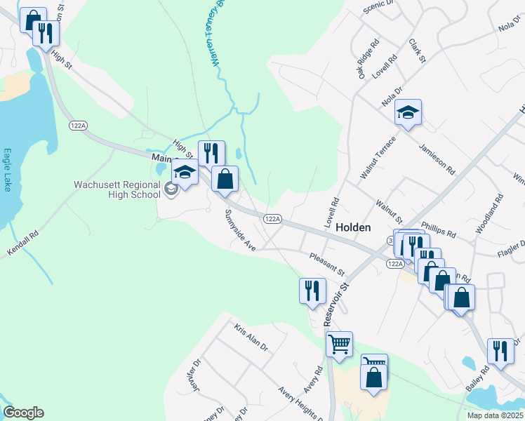 map of restaurants, bars, coffee shops, grocery stores, and more near 1326 Main Street in Holden