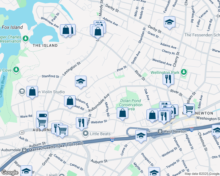 map of restaurants, bars, coffee shops, grocery stores, and more near 24 Shirley Street in Newton