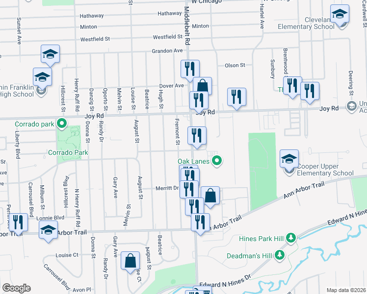 map of restaurants, bars, coffee shops, grocery stores, and more near 8492 Mackenzie Drive in Westland