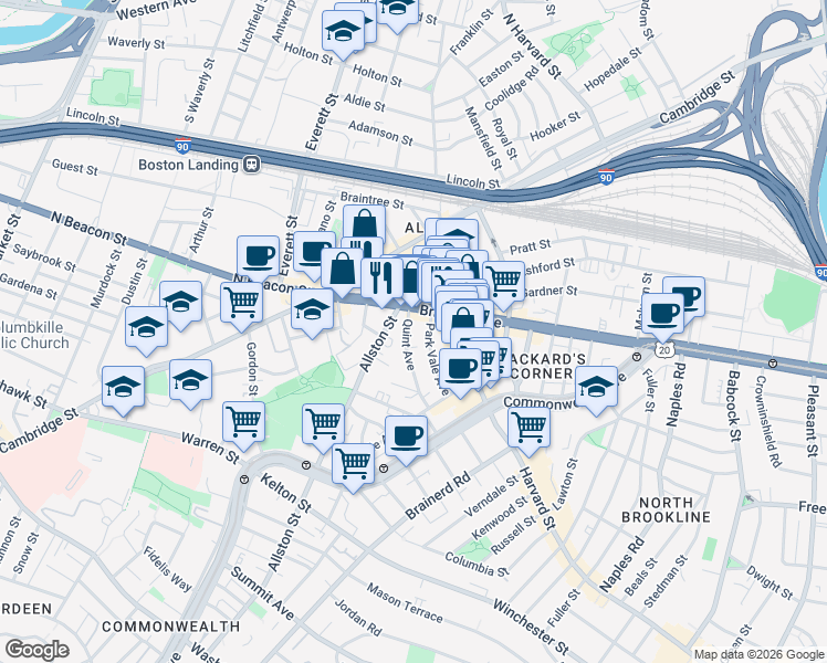 map of restaurants, bars, coffee shops, grocery stores, and more near 21 Quint Avenue in Boston