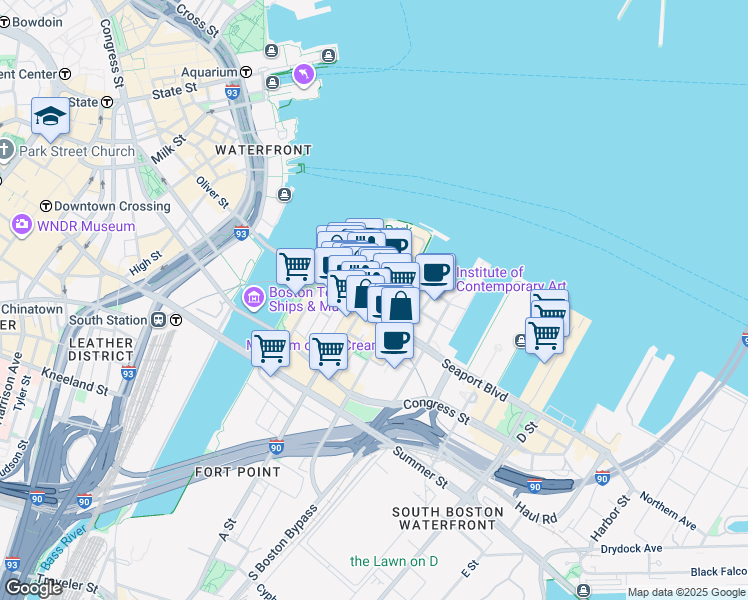 map of restaurants, bars, coffee shops, grocery stores, and more near 65 Northern Avenue in Boston