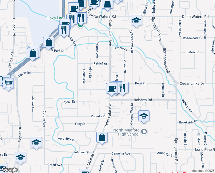 map of restaurants, bars, coffee shops, grocery stores, and more near 2411 Crater Lake Avenue in Medford