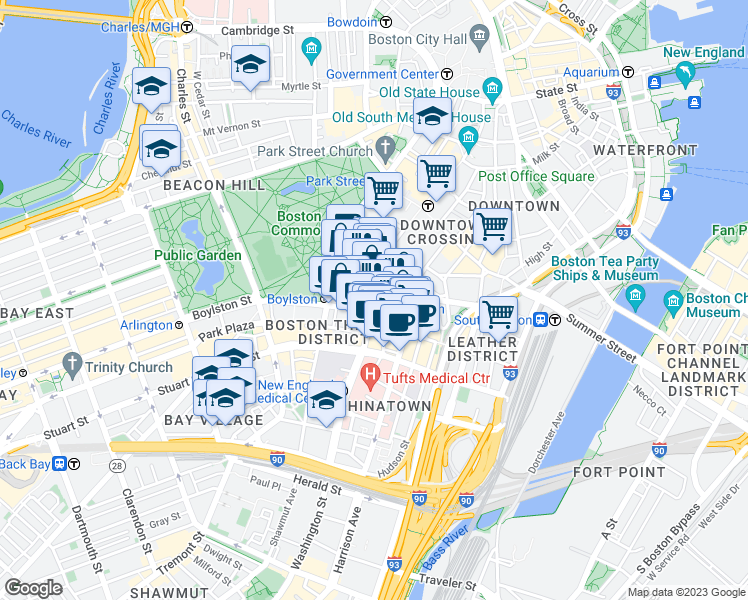 map of restaurants, bars, coffee shops, grocery stores, and more near 4 Essex Street in Boston