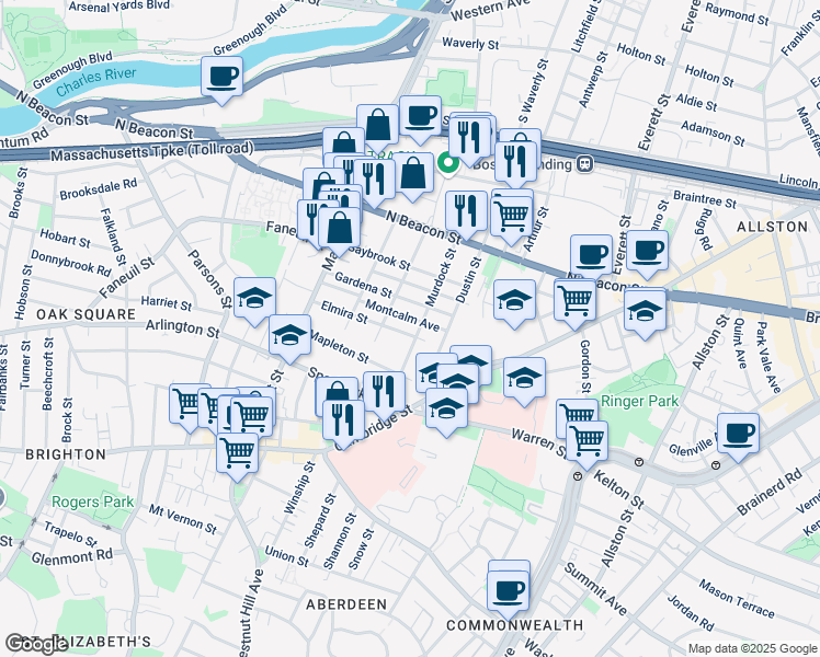 map of restaurants, bars, coffee shops, grocery stores, and more near 82 Elmira Street in Boston