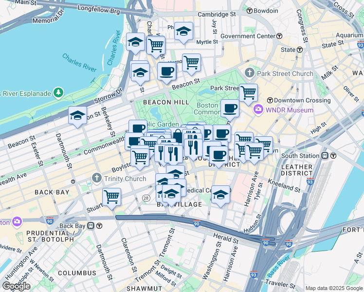 map of restaurants, bars, coffee shops, grocery stores, and more near 143 Boylston Street in Boston