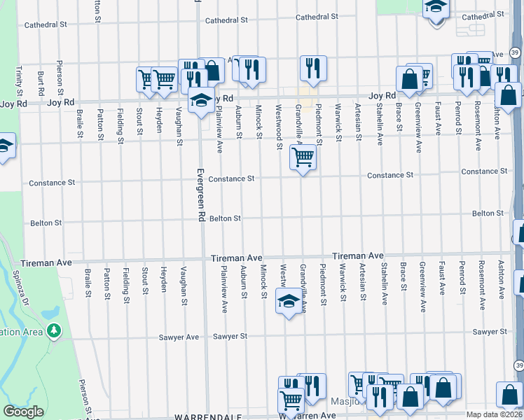 map of restaurants, bars, coffee shops, grocery stores, and more near 8218 Minock St in Detroit