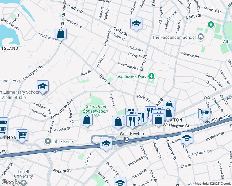 map of restaurants, bars, coffee shops, grocery stores, and more near 24 Auburndale Avenue in Newton
