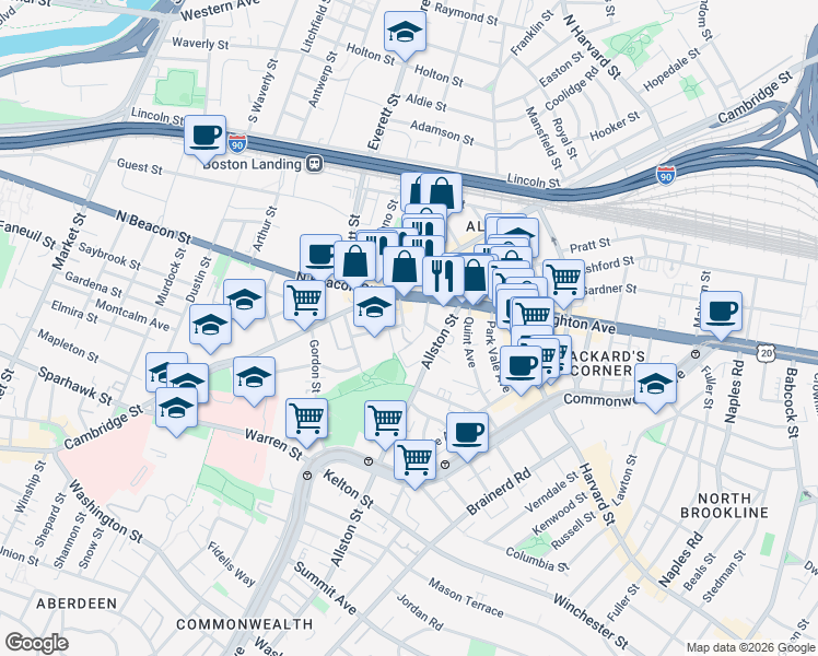 map of restaurants, bars, coffee shops, grocery stores, and more near 21-23 Higgins Street in Boston