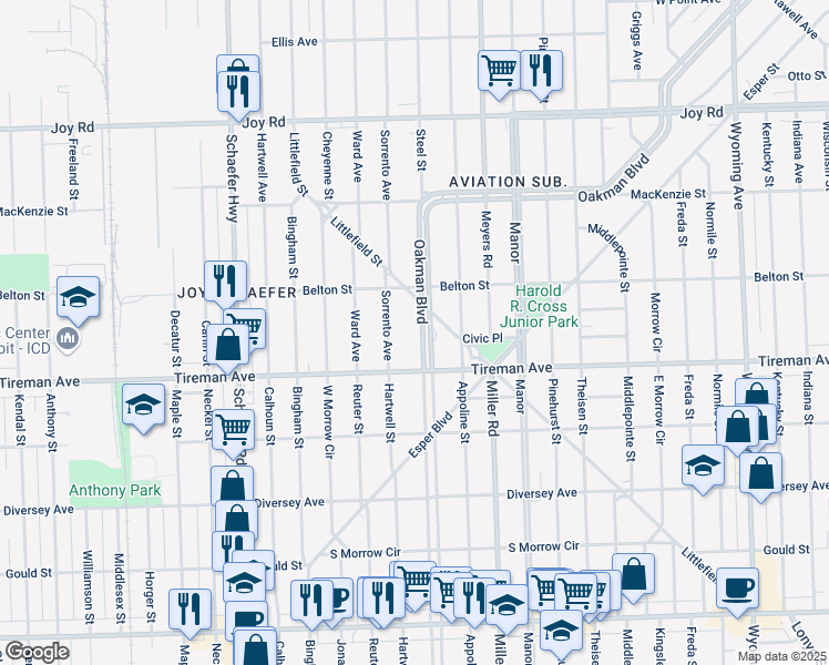 map of restaurants, bars, coffee shops, grocery stores, and more near 6670 Oakman Boulevard in Detroit