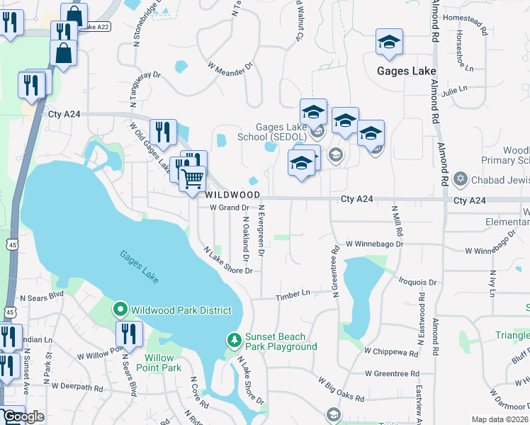 map of restaurants, bars, coffee shops, grocery stores, and more near 33705 North Evergreen Drive in Gages Lake