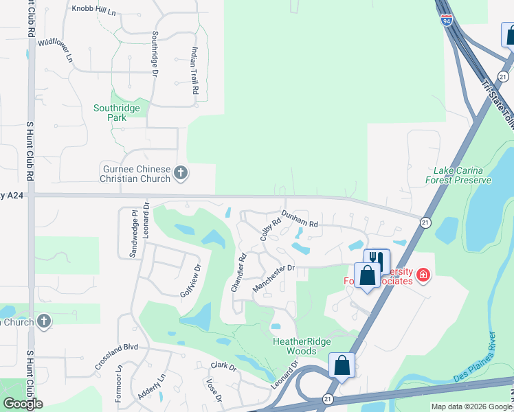 map of restaurants, bars, coffee shops, grocery stores, and more near 599 Dunham Road in Gurnee