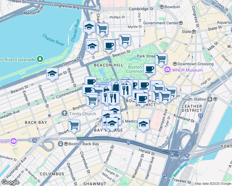 map of restaurants, bars, coffee shops, grocery stores, and more near 95 Boylston Street in Boston