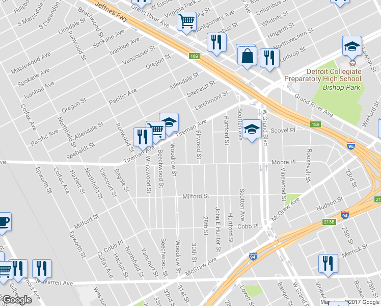 map of restaurants, bars, coffee shops, grocery stores, and more near 6546 Boxwood Street in Detroit