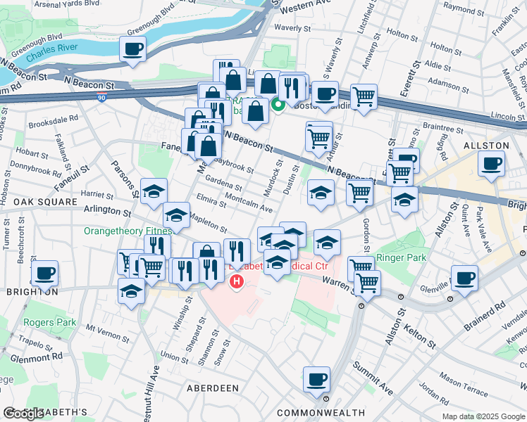map of restaurants, bars, coffee shops, grocery stores, and more near 87 Murdock Street in Boston