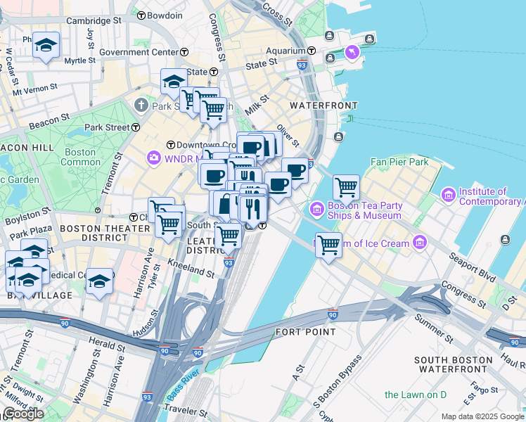 map of restaurants, bars, coffee shops, grocery stores, and more near 600 Atlantic Avenue in Boston