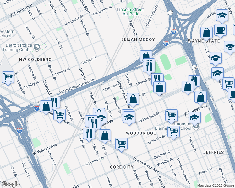 map of restaurants, bars, coffee shops, grocery stores, and more near 1943 Merrick St in Detroit