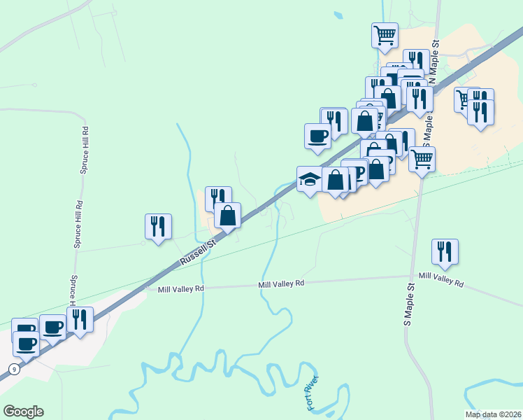 map of restaurants, bars, coffee shops, grocery stores, and more near 299 Russell Street in Hadley