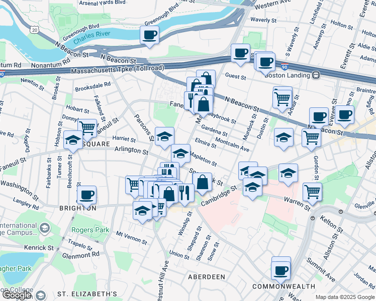 map of restaurants, bars, coffee shops, grocery stores, and more near 2 Mapleton Street in Boston