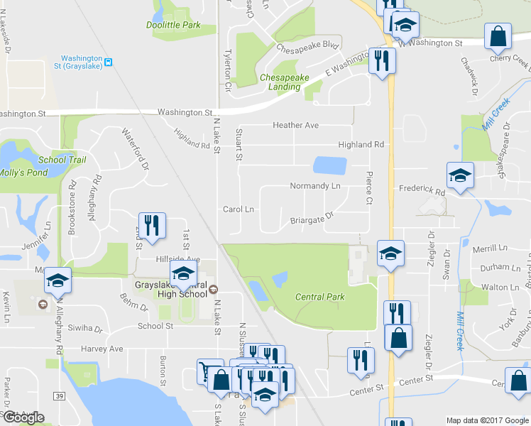 map of restaurants, bars, coffee shops, grocery stores, and more near 543 Oakwood Drive in Grayslake