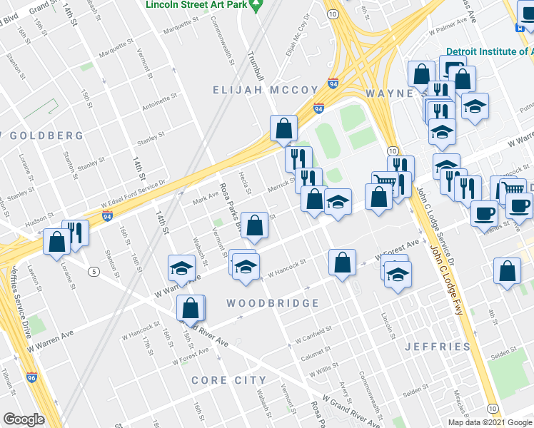 map of restaurants, bars, coffee shops, grocery stores, and more near 1704 Putnam Street in Detroit