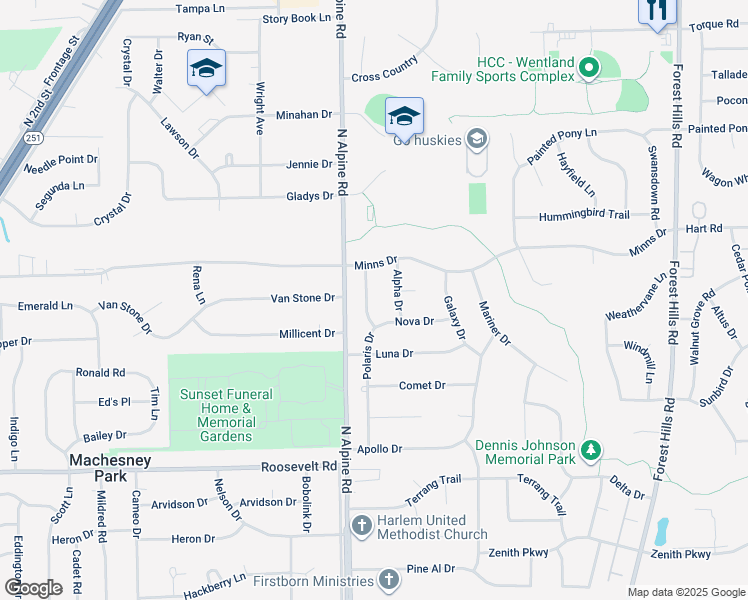 map of restaurants, bars, coffee shops, grocery stores, and more near 8943 Polaris Drive in Machesney Park