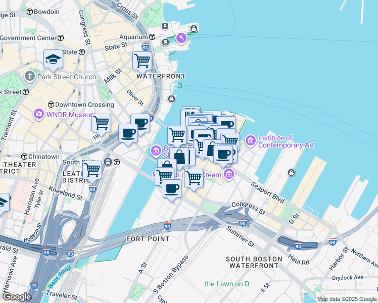 map of restaurants, bars, coffee shops, grocery stores, and more near 28-36 Sleeper Street in Boston