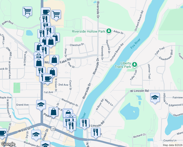 map of restaurants, bars, coffee shops, grocery stores, and more near 1715 Riverside Drive in McHenry