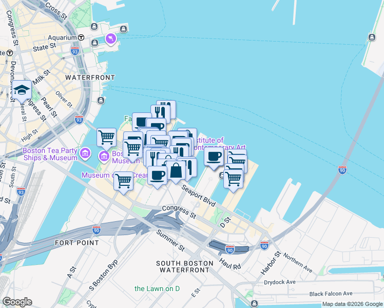 map of restaurants, bars, coffee shops, grocery stores, and more near 200 Pier 4 Boulevard in Boston