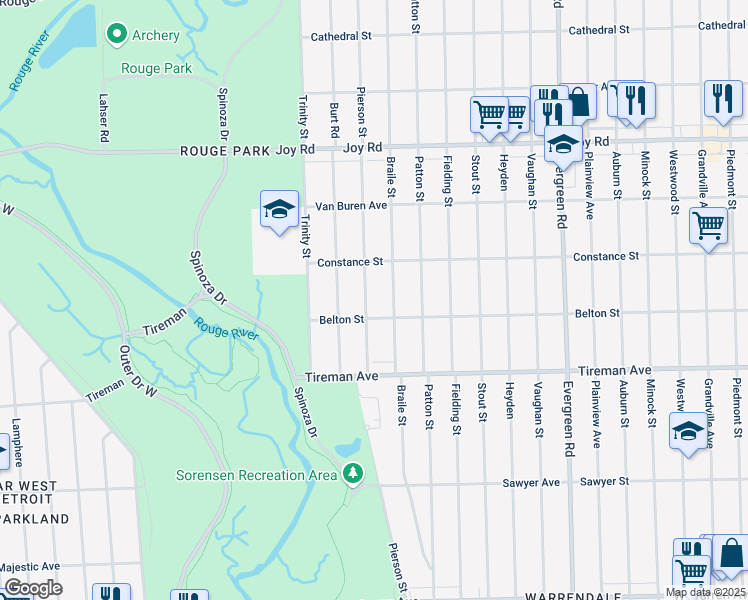 map of restaurants, bars, coffee shops, grocery stores, and more near 8228 Pierson Street in Detroit