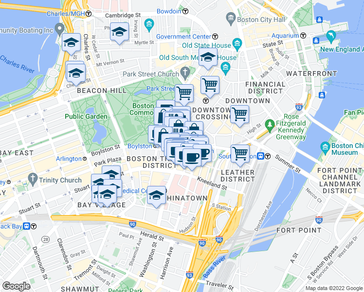 map of restaurants, bars, coffee shops, grocery stores, and more near 620 Washington Street in Boston