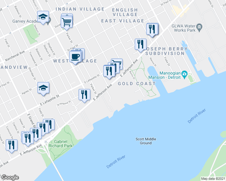 map of restaurants, bars, coffee shops, grocery stores, and more near 8250 East Jefferson Avenue in Detroit