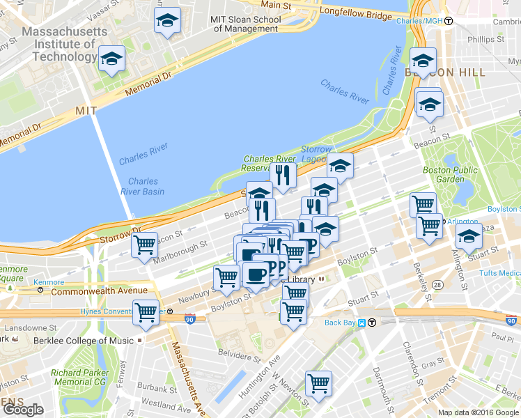 map of restaurants, bars, coffee shops, grocery stores, and more near 319 Beacon Street in Boston