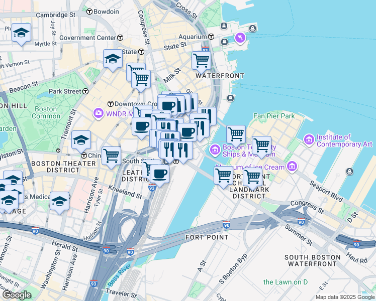 map of restaurants, bars, coffee shops, grocery stores, and more near 556-624 Atlantic Avenue in Boston