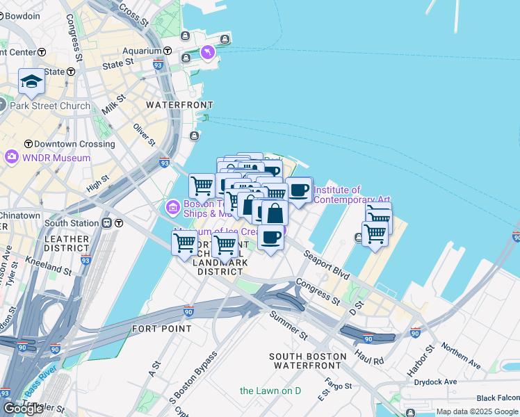 map of restaurants, bars, coffee shops, grocery stores, and more near 65 Northern Avenue in Boston