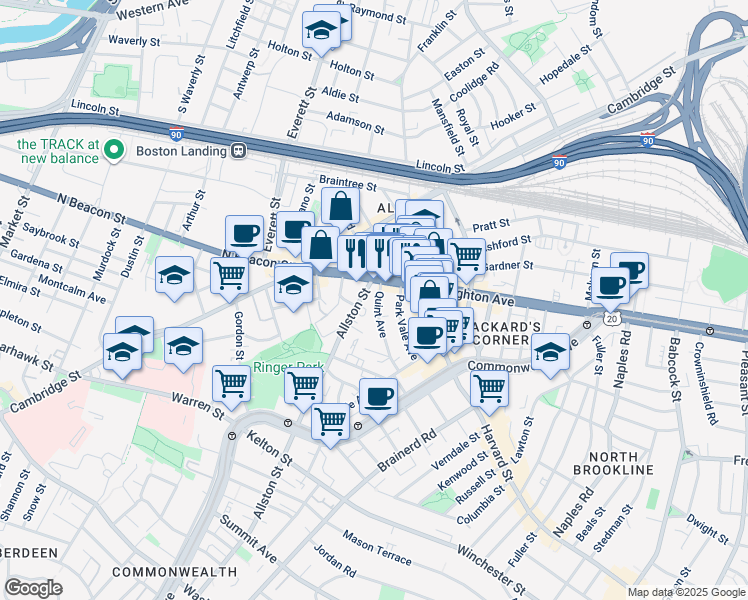 map of restaurants, bars, coffee shops, grocery stores, and more near 21 Quint Avenue in Boston