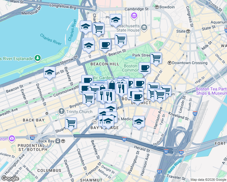 map of restaurants, bars, coffee shops, grocery stores, and more near 153 Boylston Street in Boston