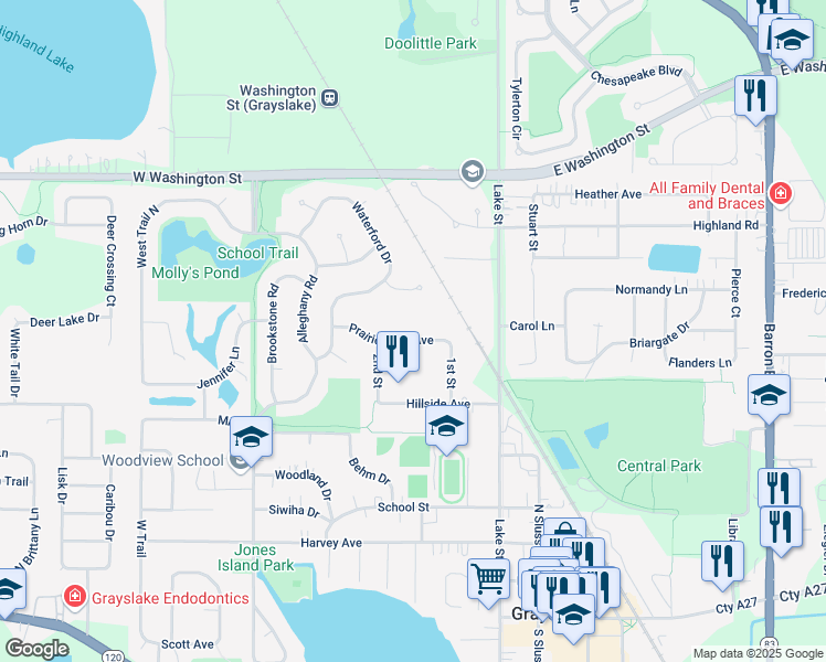 map of restaurants, bars, coffee shops, grocery stores, and more near 148 Prairie View Avenue in Grayslake