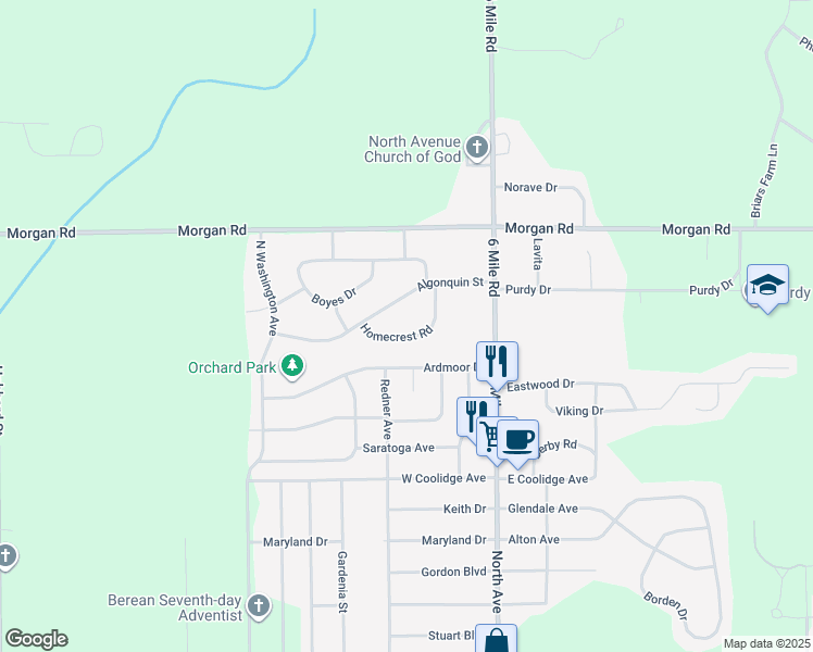 map of restaurants, bars, coffee shops, grocery stores, and more near 174 Homecrest Road in Battle Creek