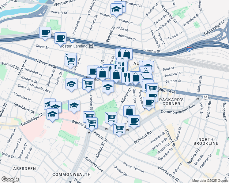 map of restaurants, bars, coffee shops, grocery stores, and more near 1 Islington Street in Boston