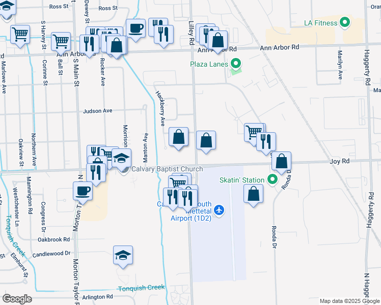 map of restaurants, bars, coffee shops, grocery stores, and more near 8867 North Lilley Road in Plymouth