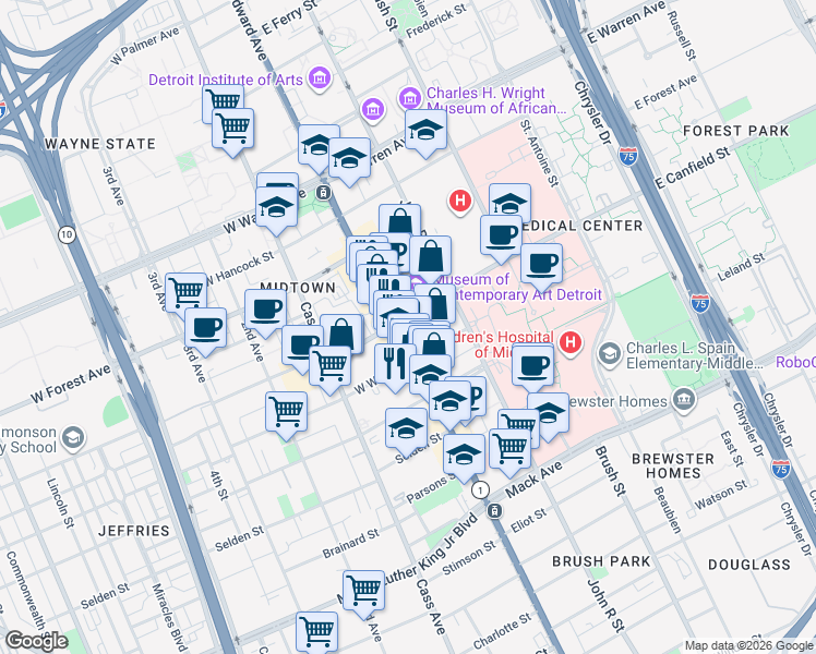 map of restaurants, bars, coffee shops, grocery stores, and more near 4250 Woodward Avenue in Detroit